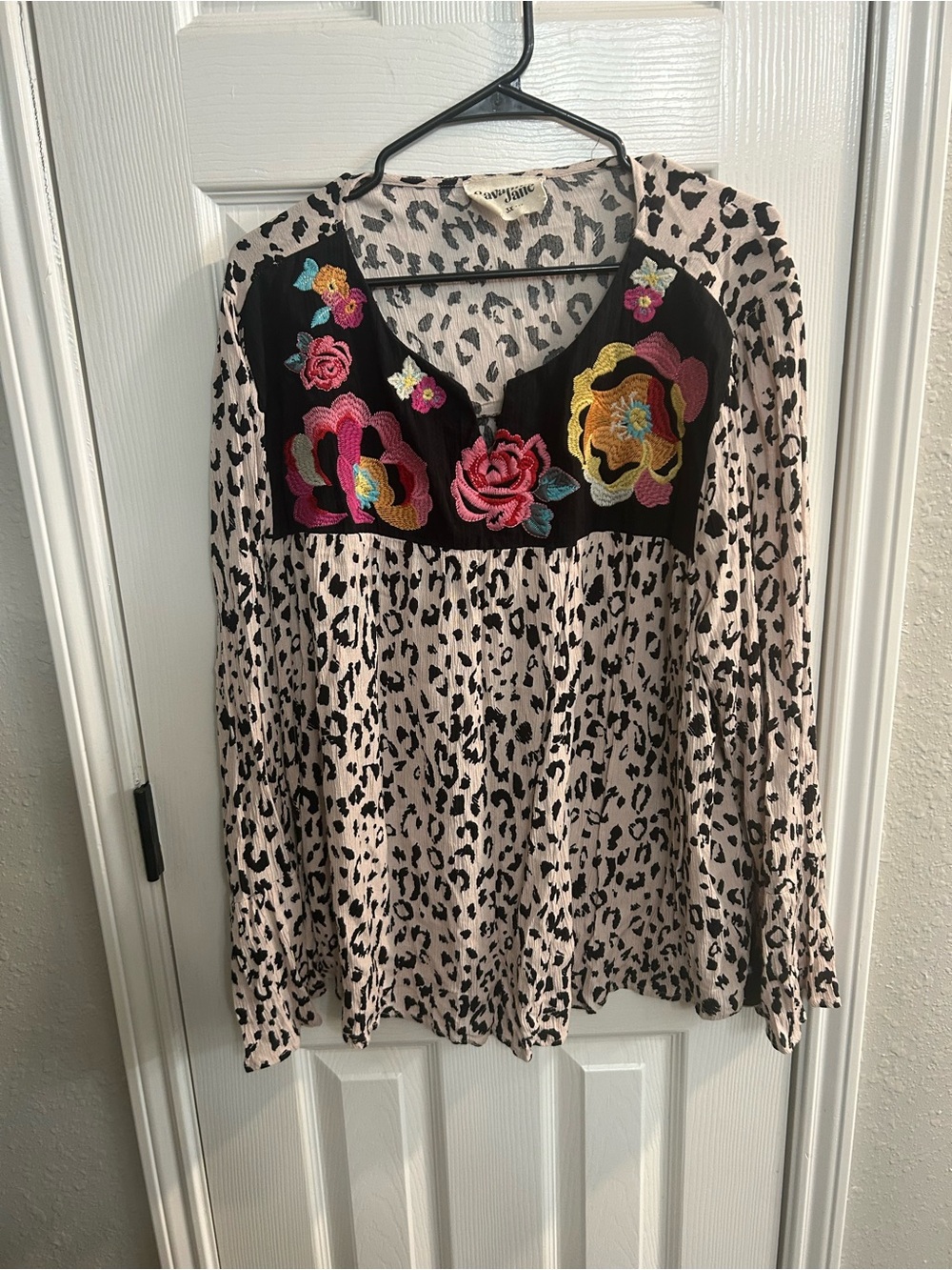 Savanna Jane Embroidered Floral Leopard Print Bell Sleeve V-Neck  Blouse 3X